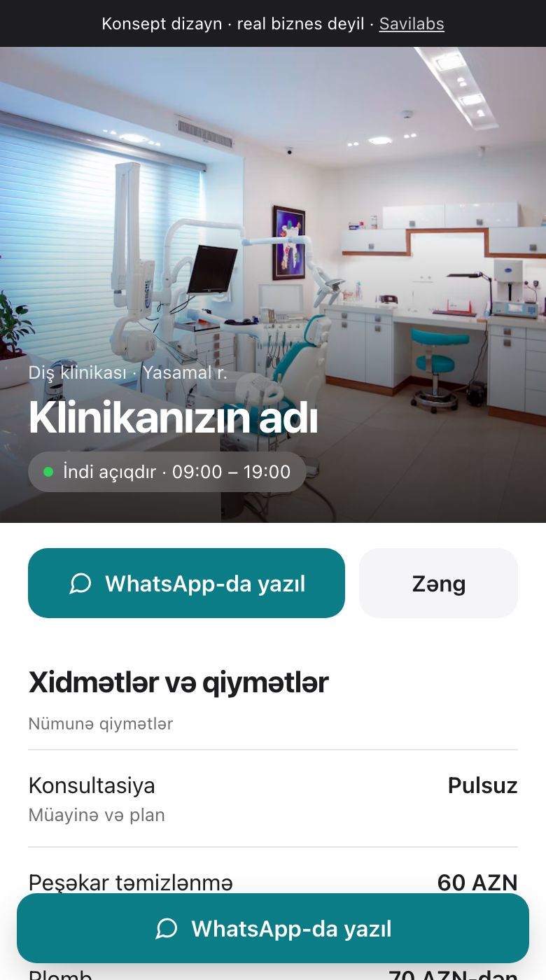 Diş klinikası üçün konsept mobil saytın ekran görüntüsü