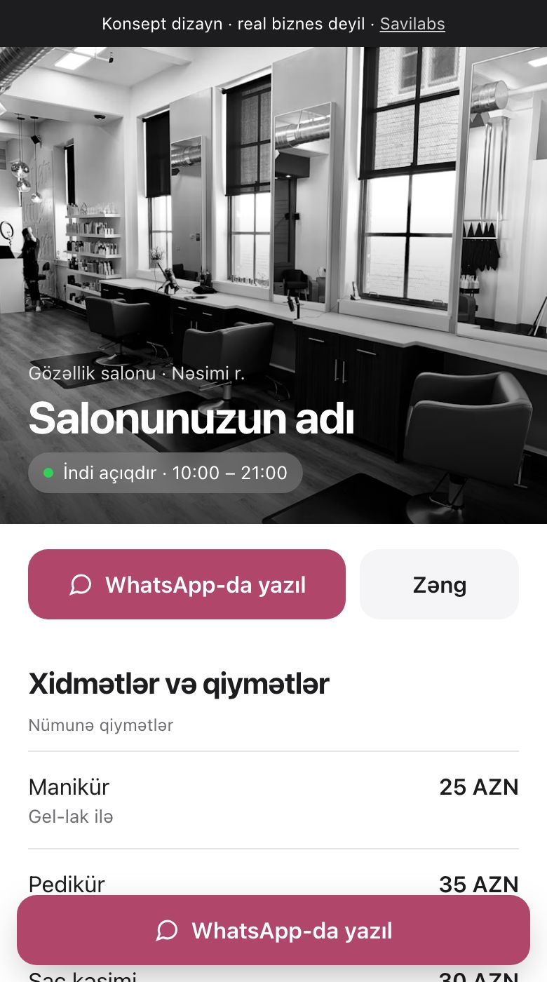 Gözəllik salonu üçün konsept mobil saytın ekran görüntüsü
